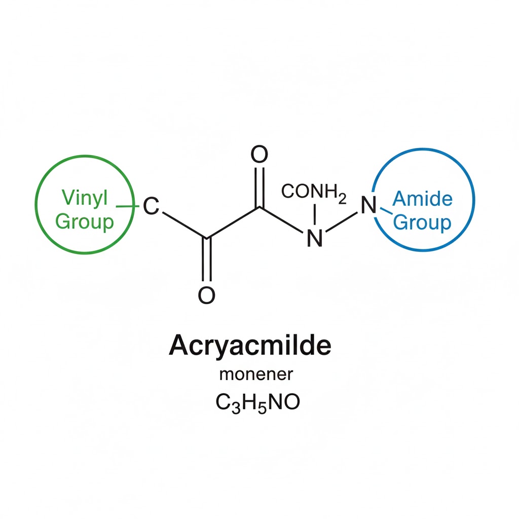 Chemical structure of Acrylamide monomer showing vinyl and amide functional groups Chemical structure of Acrylamide monomer showing vinyl and amide functional groups