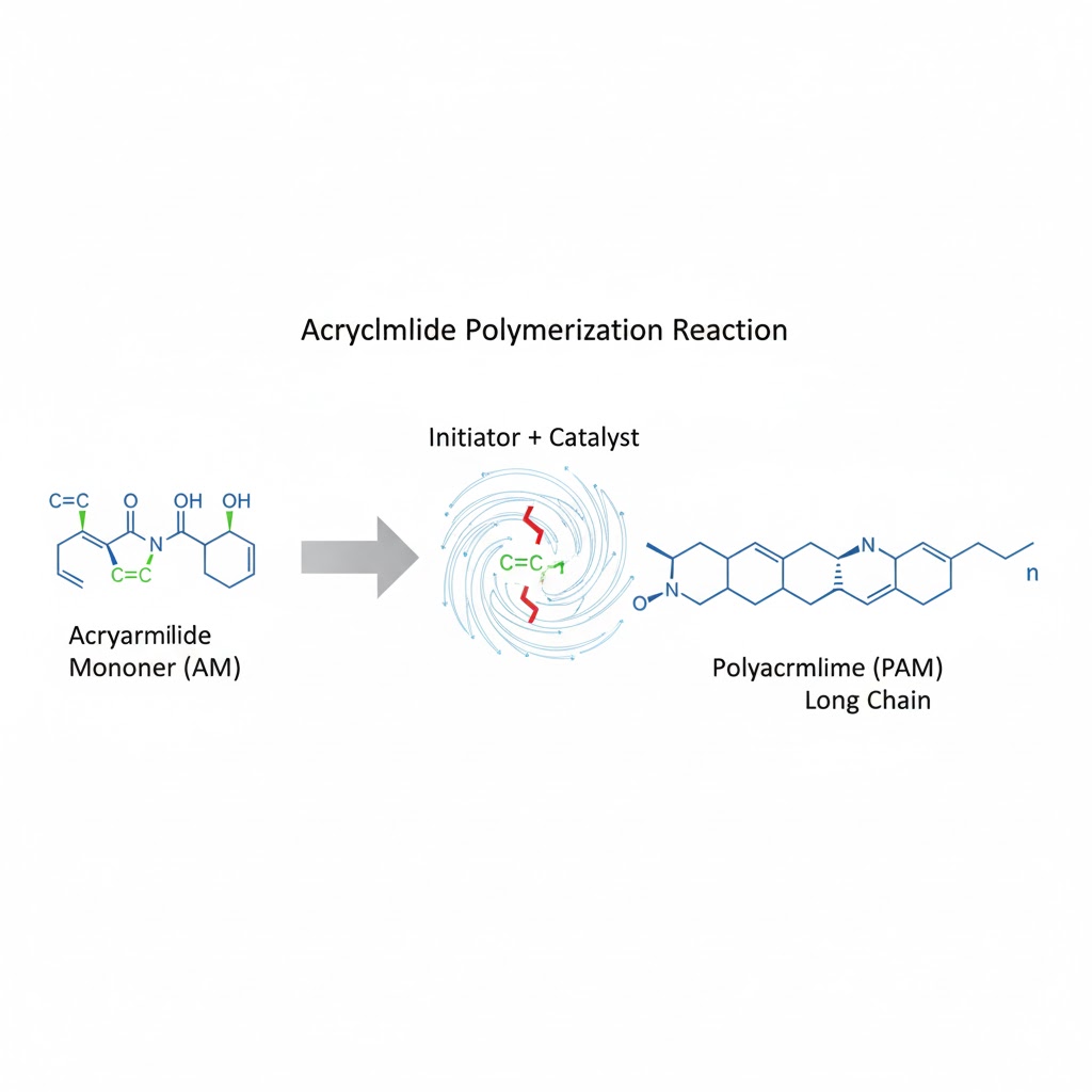 Polymerization process diagram from Acrylamide monomer to Polyacrylamide long chain Polymerization process diagram from Acrylamide monomer to Polyacrylamide long chain