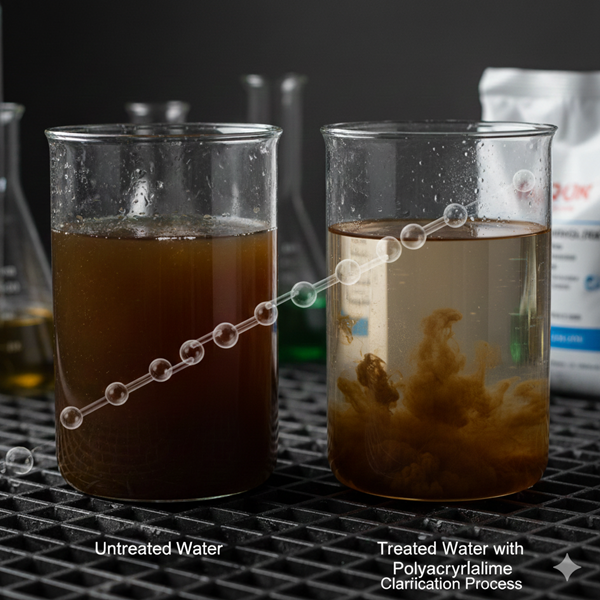 Flocculation mechanism visual of polyacrylamide bridging suspended particles in wastewater treatment Flocculation mechanism visual of polyacrylamide bridging suspended particles in wastewater treatment