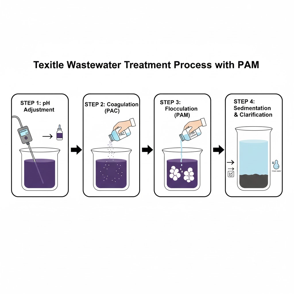 Textile wastewater treatment process with PAM
