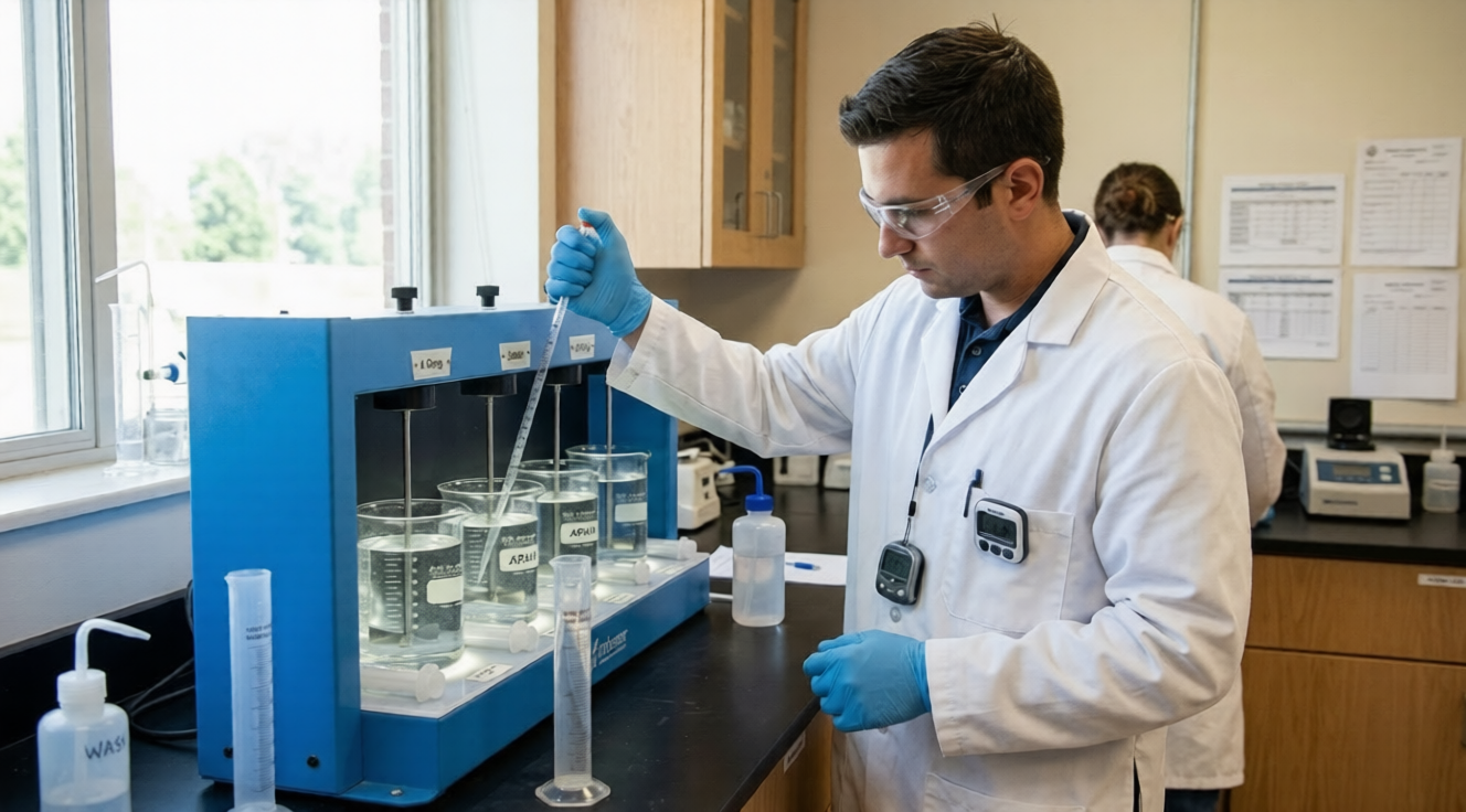water treatment operator conducting jar test in laboratory