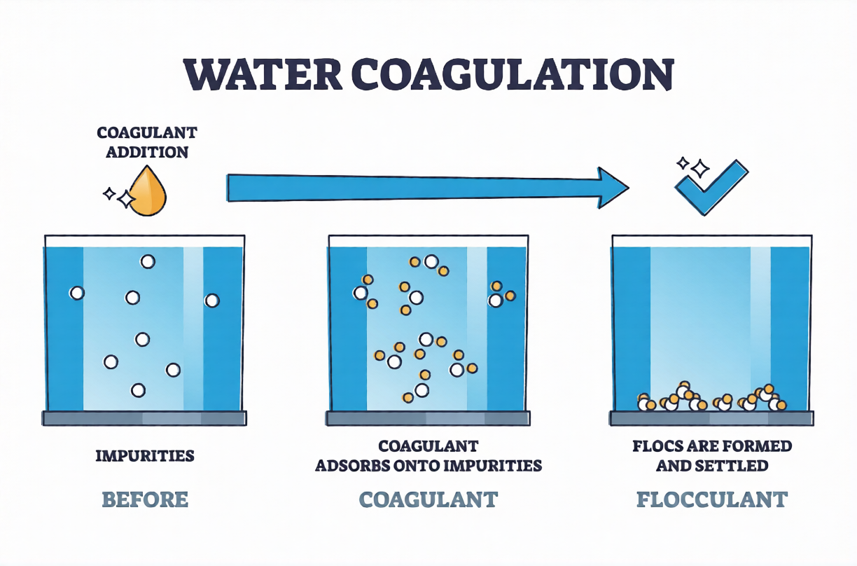 A schematic diagram comparing the processes of coagulation and flocculation.