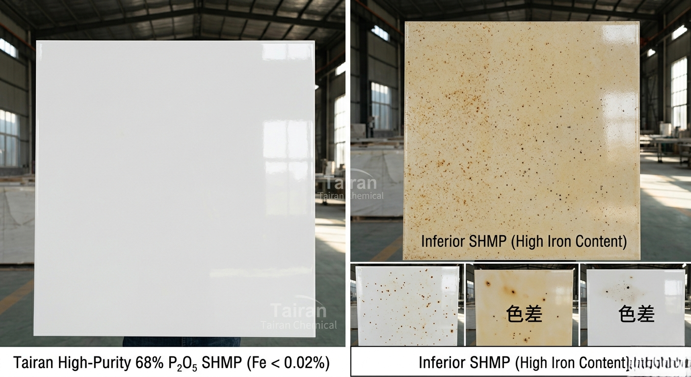 The costly impact of iron contamination. Left: Perfect surface with Tairan SHMP (Fe < 0.02%). Right: Severe iron speckling (色差) caused by inferior SHMP, leading to high rejection rates in polished porcelain. The costly impact of iron contamination. Left: Perfect surface with Tairan SHMP (Fe < 0.02%). Right: Severe iron speckling (色差) caused by inferior SHMP, leading to high rejection rates in polished porcelain.