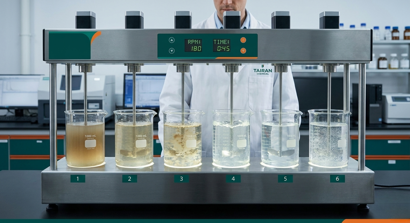 The heart of optimization. A precise six-paddle jar test apparatus in active operation, determining the data needed to reduce chemical costs.