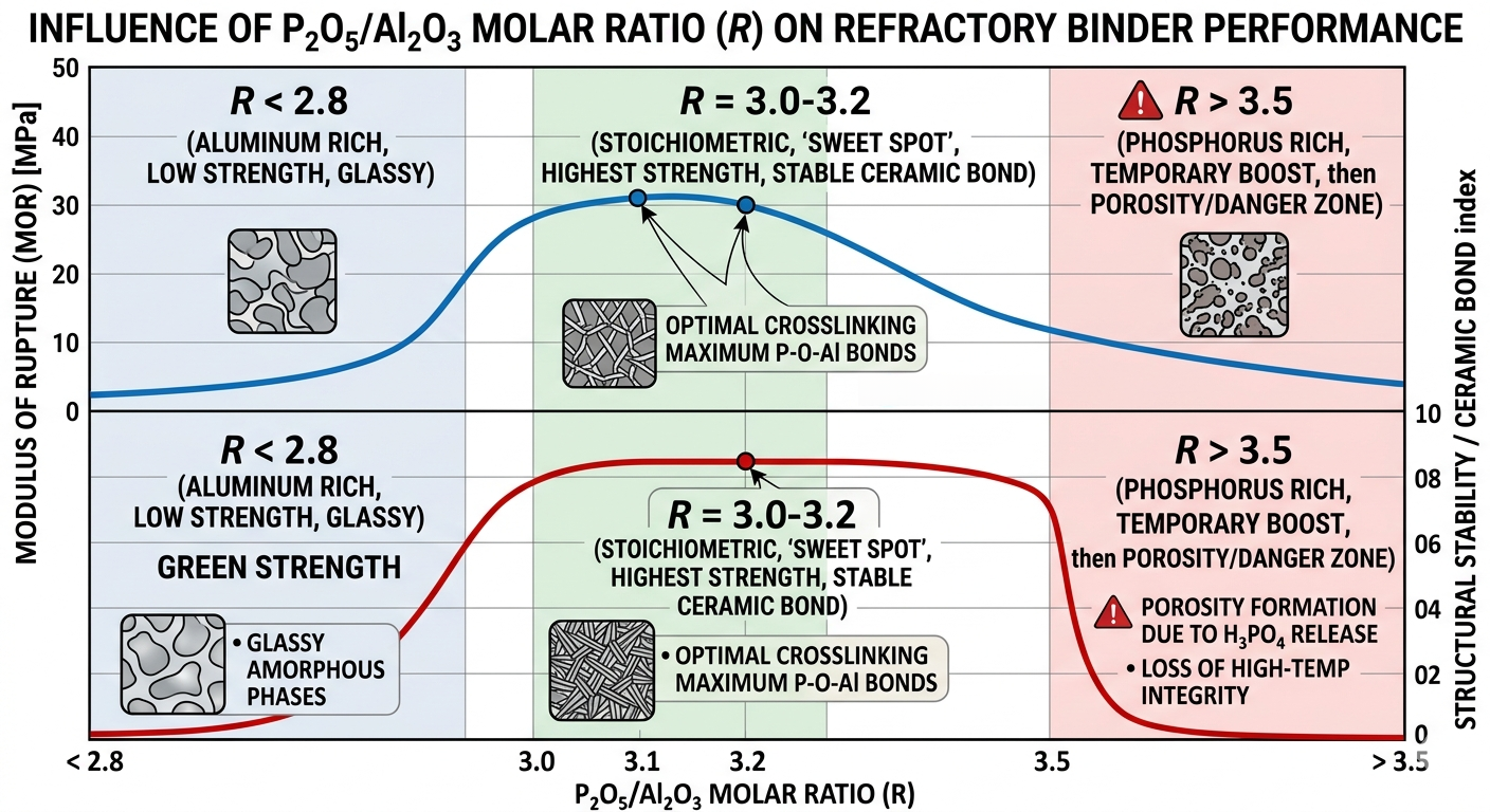 Detailed temperature-phase analysis. Tairan Chemical's engineering map shows the stage-wise dehydration and polycondensation of ADP binder. Note the 400°C–600°C 'amorphous danger zone' where Viscous Flow causes structural weakness before the ceramic bond locks in >900°C.