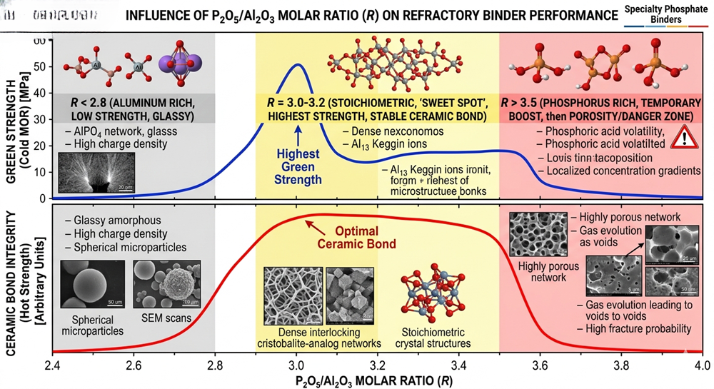 Molar Ratio dependency matrix. Tairan's comparative engineering graphs show that a stoichiometry of $R = 3.0-3.2$ (the Tairan 'Sweet Spot') maximizes both green state Modulus of Rupture and ceramic bond stability, minimizing linear shrinkage and porosity.